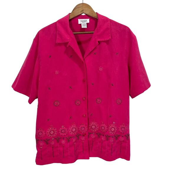 Vintage 90s Teddi Pink Embroidered Button-Up Collared Short Sleeve Top Cottage - Picture 1 of 8